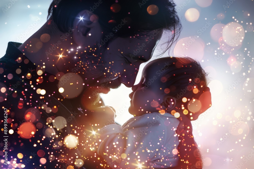 Poster tender face to face interaction between parent and child in a neon lit futuristic environment symbol