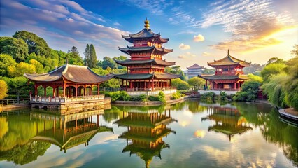 Romance of the Three Kingdom Park in Wuhan, China with ancient Chinese architecture and beautiful landscapes, Romance