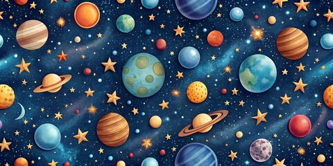 Galaxy pattern with stars and planets on a deep blue background Creative AI