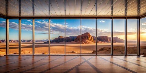 Fototapeta premium Large window in a building providing a breathtaking view of a desert landscape, desert, window, building, view, scenery, dry, arid