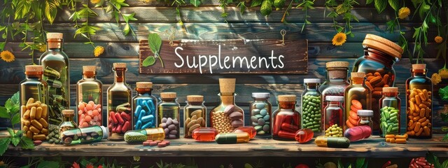 Naklejka premium Supplements and tinctures with flowers and herbs on the table. Selective focus.