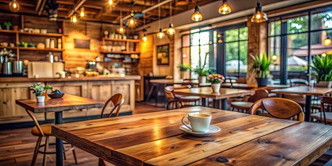 Fototapeta premium Wooden desk with a cozy cafe vibe , cafe, wood, desk, interior, cozy, vintage, rustic, ambiance, workspace, coffee, plant, retro