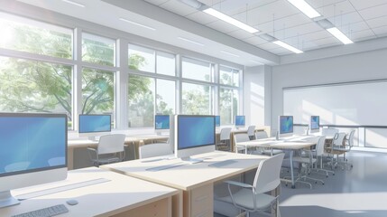 Modern Classroom Interior Design with Computers and Natural Light