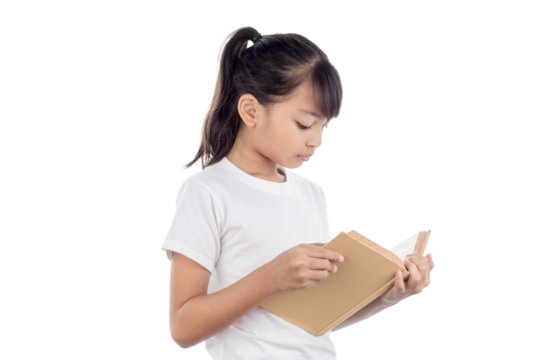 Young Asian woman reading book isolated on white background with clipping path. - Powered by Adobe