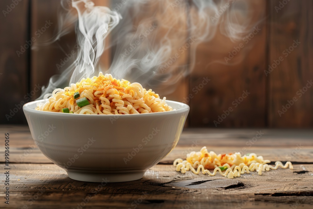 Poster a bowl filled with steaming instant noodles rests on a wooden table, inviting warmth and comfort. ge