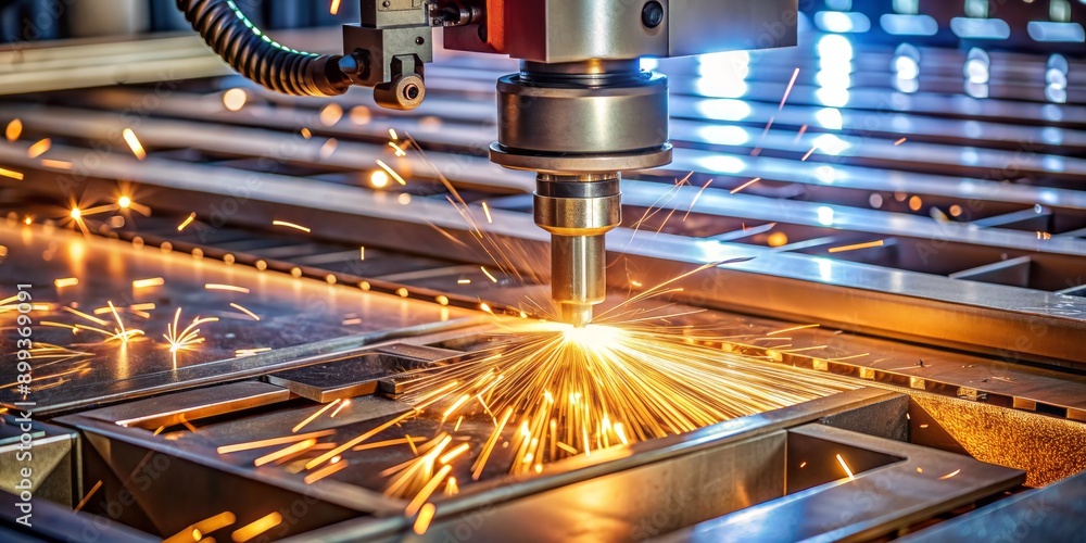Poster industrial cnc plasma machine cutting of metal plate and profile created with generative ai tools