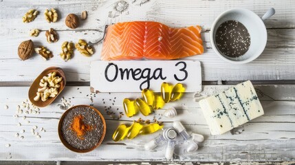 Omega 3 products and capsules on the table. Selective focus.
