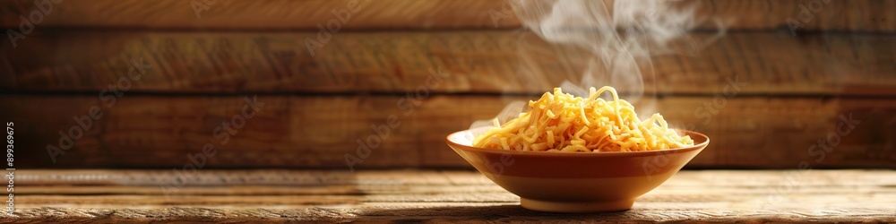 Poster a bowl of steaming instant noodles sits invitingly on a wooden table, ready to be enjoyed as a comfo