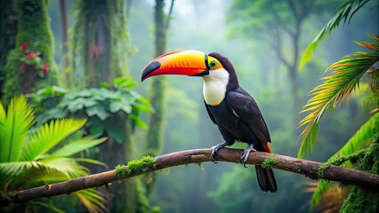 Naklejka premium Toucan perched on a lush forest branch , Tropical, colorful, bird, exotic, wildlife, nature, foliage, vibrant, feathers, jungle