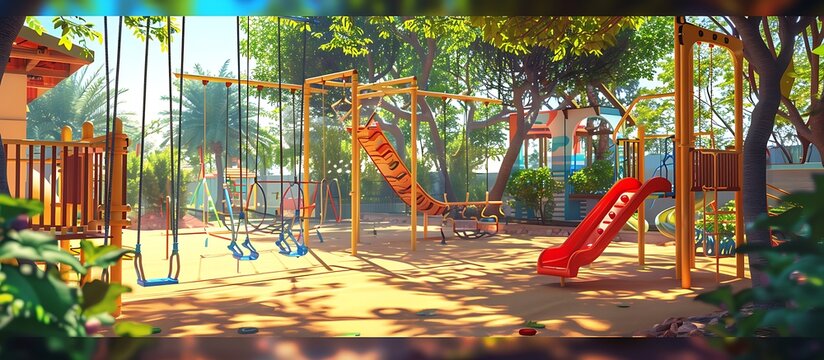 A sunny outdoor playground with swings, slides, and a jungle gym. The area is designed for children to play and interact, with vibrant colors and a cheerful vibe.