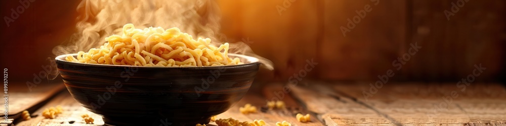 Poster a bowl of steaming instant noodles rests on a wooden table, filling the air with warmth and inviting