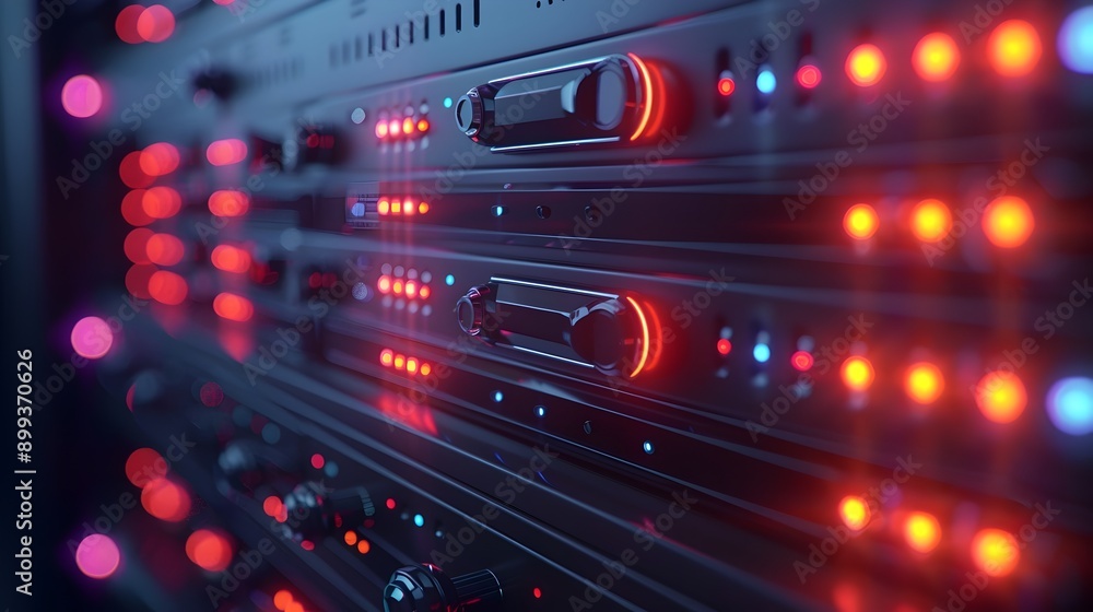 Poster cloud server rack with led indicators showcasing active data processing and connections