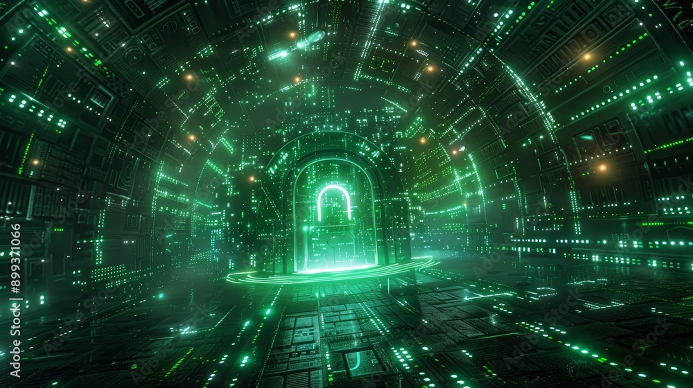 Poster a conceptual illustration of a digital lock surrounded by green binary code, symbolizing cybersecuri
