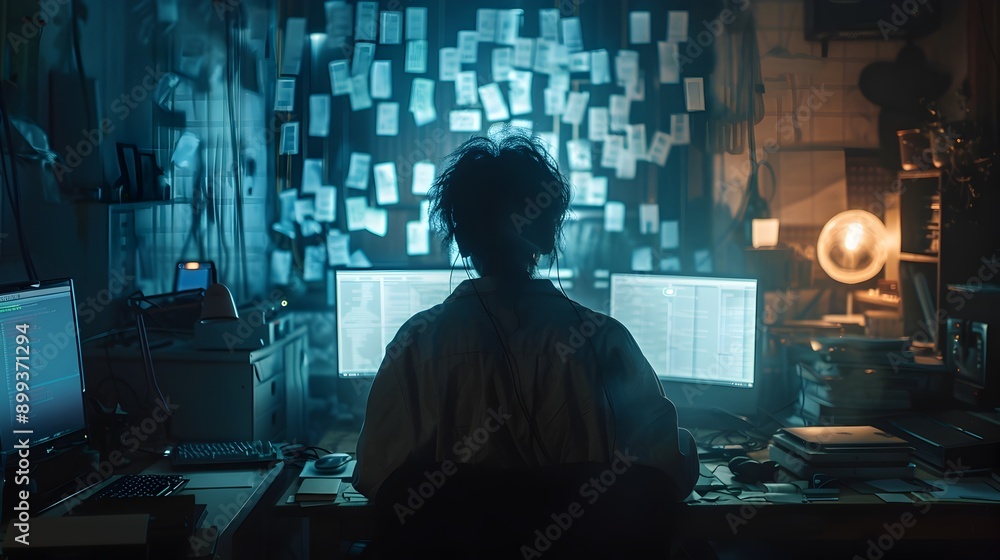 Poster dedicated software developer coding tirelessly in dimly lit workspace