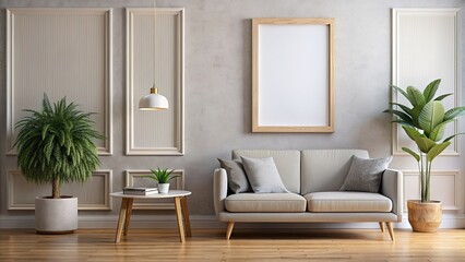 Blank picture frame hanging on living room wall with decoration mockup, interior design, home decor, frame, empty