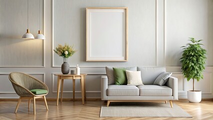 Blank picture frame hanging on living room wall with decorative mockup, interior, frame, empty, wall, hanging, decoration, design