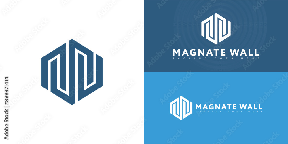 Poster abstract hexagon initial letter mw or wm in blue color isolated on multiple background colors. the l