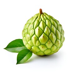 Fototapeta premium Sugar apple or custard apple with green leaf isolated on white background, exotic tropical Thai annona or cherimoya fruit, healthy food