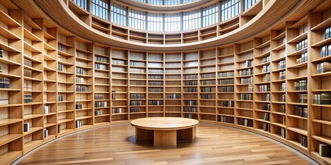 An intricate modern library with curved wooden bookshelves Creative AI