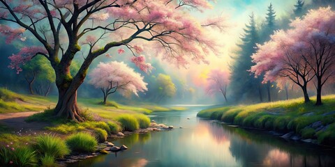 Serenity of a tree with blossoms beside a forest stream painting, spring, flowers, tree, blossoms, natural, backdrop