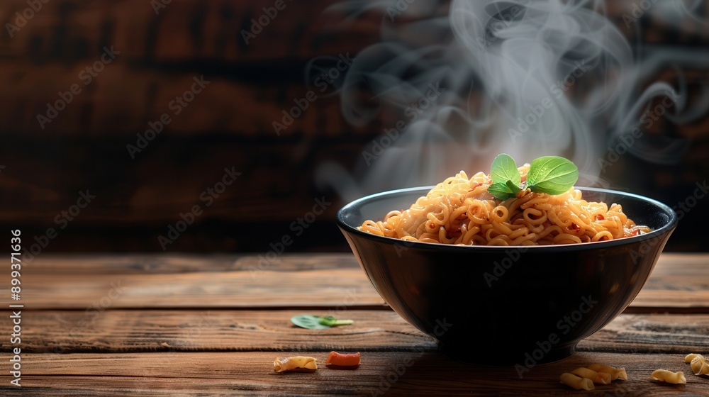 Poster a bowl of steaming instant noodles sits on a wooden table, inviting with its aroma and texture, perf