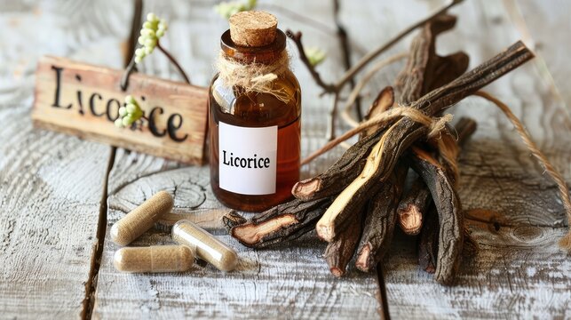Licorine capsules and suplements on the table. Selective focus.