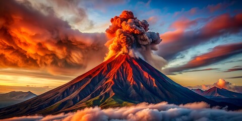 Volcanic eruption red mountain volcano with clouds Generative By AI