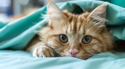 A cat sleeping on a hospital bed looking sad 