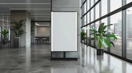 A mockup of an empty white  poster mockup  stand in the middle of modern office entrance
