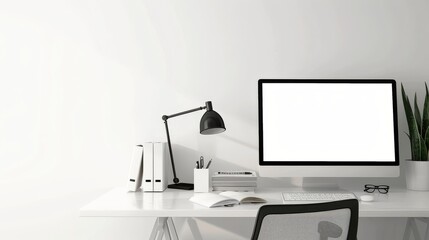 Minimalist White Desk Workspace with Computer and Plant