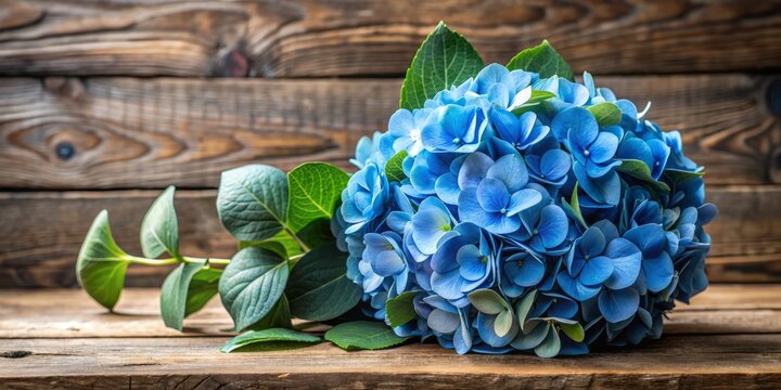 Vibrant blue hydrangeas and fresh eucalyptus leaves intertwine in a beautiful bouquet, set against a rustic wooden backdrop, radiating warmth and serenity.