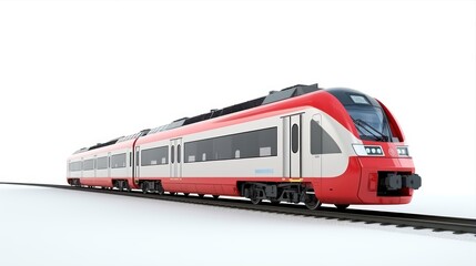 Naklejka premium Super streamlined high-speed train with driver's cabin and carriages isolated on a white background. Intercity public transport traveling on railway rails