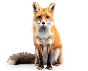 Fototapeta premium Curious Red Fox with Bushy Tail Sitting Alert on White Background