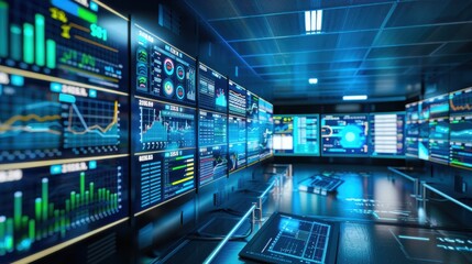 A data analysis center with rows of servers and analysts working on multiple screens, interpreting vast amounts of data visualized as dynamic graphs and charts, illustrating the importance of data