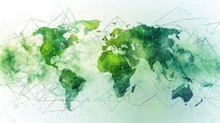 An imaginative illustration of a green map of the world with network lines connecting major cities, highlighting the global reach of sustainable practices.