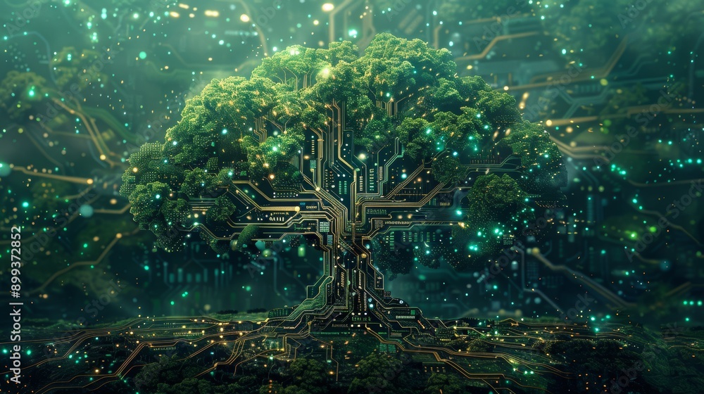 Poster an abstract illustration of circuit boards and electronic components forming the shape of a tree, sy