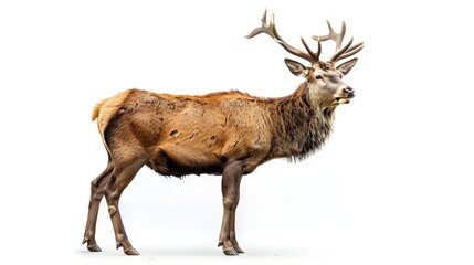 Obraz premium Magnificent Stag with Large Antlers Standing Proud on White Background