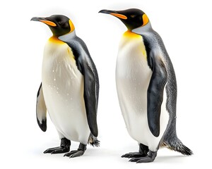 Naklejka premium Pair of majestic emperor penguins standing side by side on a pristine white background
