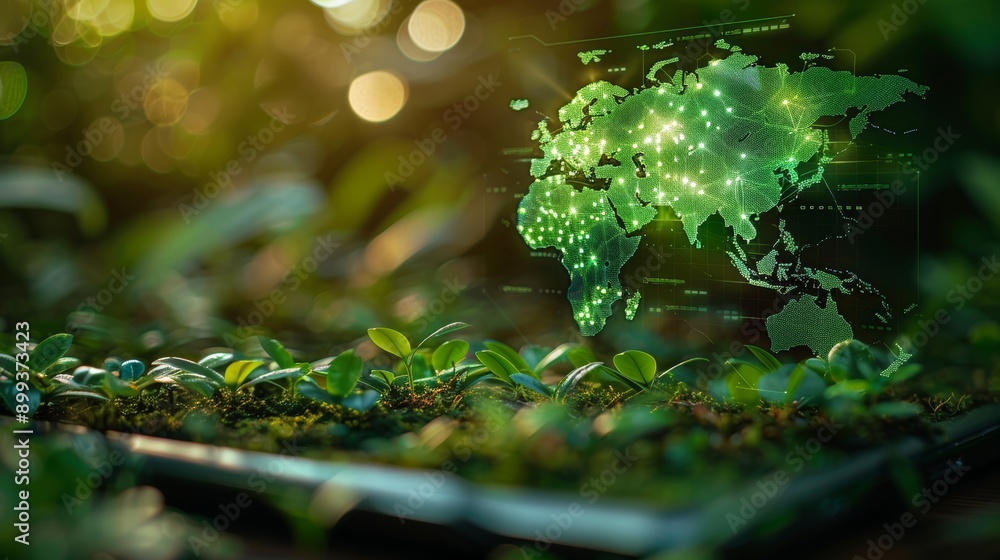 Aufkleber a conceptual sketch of a green world map displayed on a digital device, symbolizing global environme