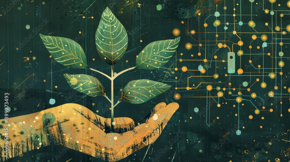 Poster a stylized drawing of a hand holding a green plant with a digital display showing environmental data
