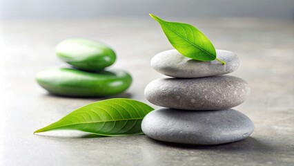Obraz premium Zen stones stacked with a green leaf on top , meditation, balance, harmony, relaxation, wellness, mindfulness, tranquility