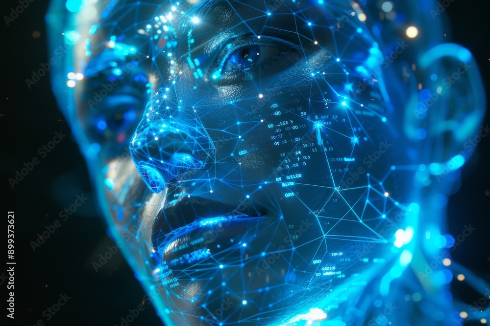 Poster abstract digital portrait of a human face with glowing elements symbolizing technology identity and 