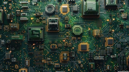 Close-up of a Modern Green Circuit Board with Microchips and Electronic Components