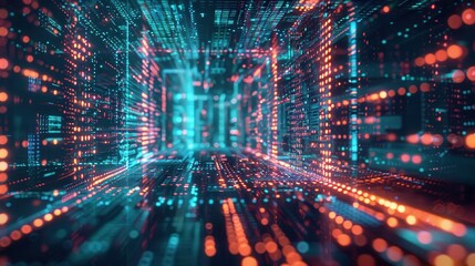 A machine learning development environment with data scientists programming algorithms, analyzing large datasets, and using holographic interfaces to visualize complex patterns and predictions