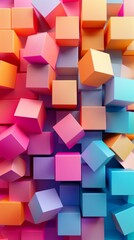  A pile of multicolored cubes stacked against a pink-blue backdrop