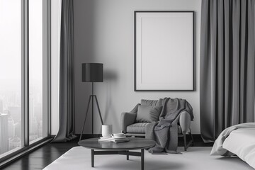 Modern, minimalist living room overlooking the city with elegant furniture and decor