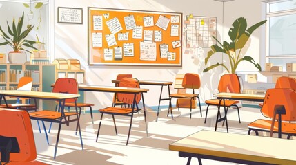 Obraz premium Empty Classroom with Sunlight Streaming Through Windows