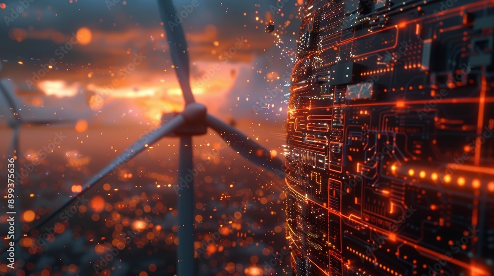 Poster an innovative visual of a wind turbine with digital circuitry, representing the fusion of renewable 