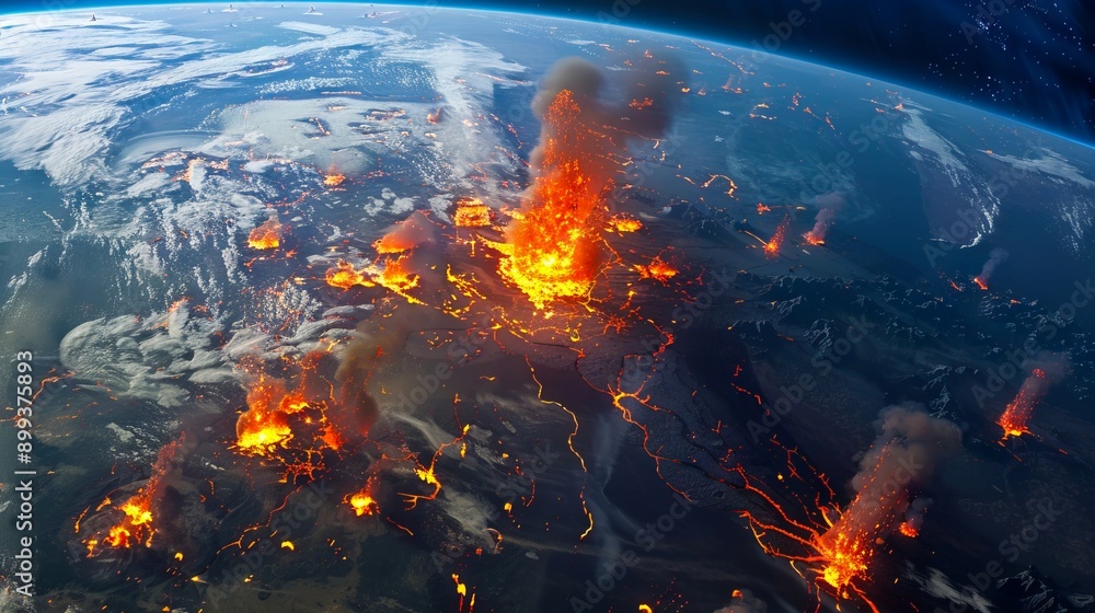 Wall mural a view of the earth from space showing lava flowing from the earth's surface