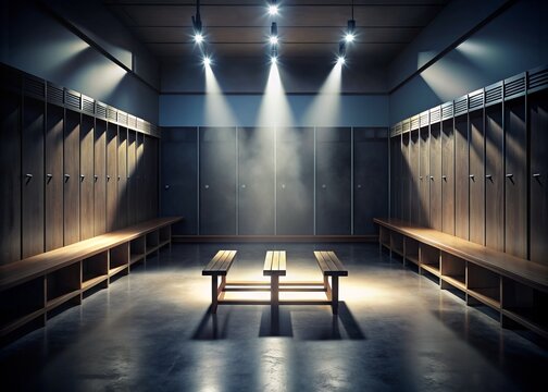 A photograph depicting a dimly lit room with a bench positioned in the center, Dramatically light and shadow a locker room scenario post an intense hockey game, AI Generated